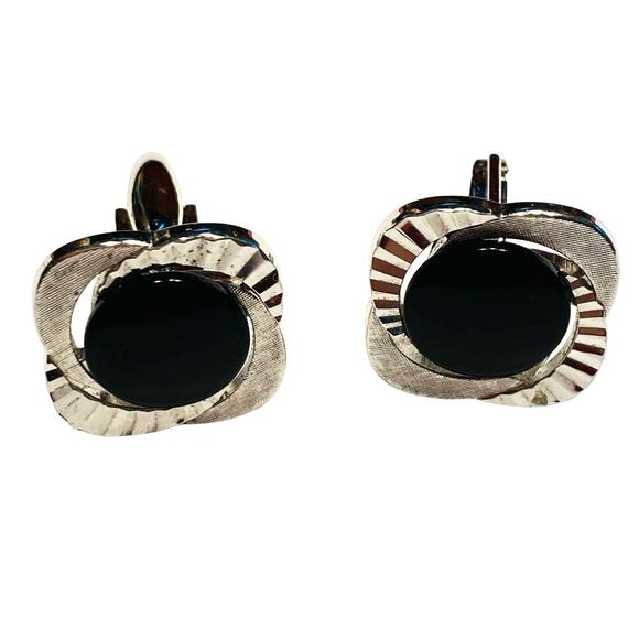 Vintage Cufflinks Textured Dimensional Silver & Polished Black Stones Speidel? - Picture 1 of 6